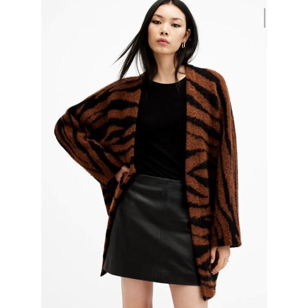 AllSaints Zoe Tiger Cardigan M Brown Black Animal Print Oversized Wool Alpaca